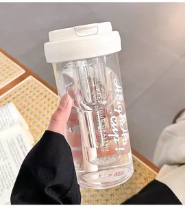 Clear plastic water bottle detail view featuring internal infuser strainer and measurement marks.