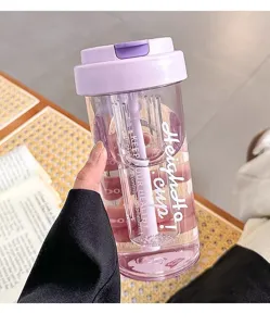 Large capacity plastic water bottle with straw, stylish student cup for summer daily hydration.