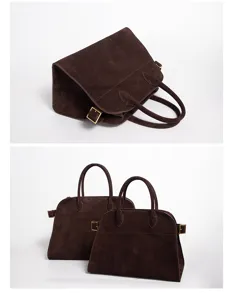Borsa shopper in pelle scamosciata marrone, borsa grande per laptop da donna, design elegante.