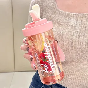 Large capacity pink plastic water bottle with straw summer cute student portable drinking cup