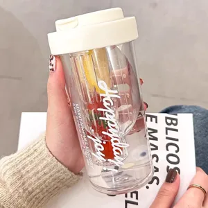 Clear plastic fruit infuser water bottle with filter and handle lid for daily use details.