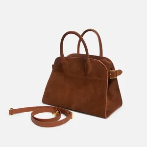 Borsa shopper in pelle scamosciata marrone da donna, grande borsa da lavoro con tracolla.