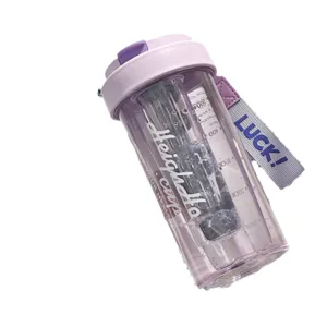 Large capacity plastic water bottle with straw, infuser filter and purple strap for daily use.