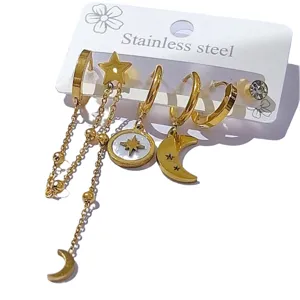 Set di 5 orecchini in acciaio inossidabile con ciondoli a stella, luna e catena per donna.
