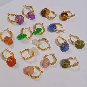 Orecchini a Cerchio in Pietra Naturale in Rame Attorcigliato Placcato Oro Pendenti Rotondi Gioielli Donna Trendy