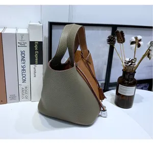 Genuine leather bucket bag two-tone handbag top handle tote casual daily shoulder bag for women