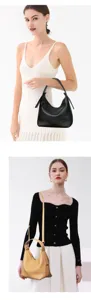 Model detail showing soft leather tote handbag in black and khaki colors. Perfect styling view.