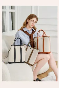 Canvas leather tote bag vertical large capacity shoulder handbag casual fashion chic purse