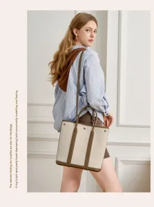 Detailed view of the stylish canvas tote bag with leather trim, showcasing elegant daily wear.