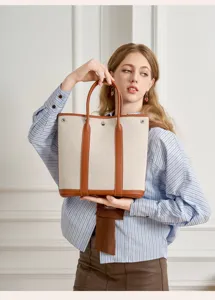 Canvas leather vertical tote bag large capacity shoulder handbag for women stylish chic style