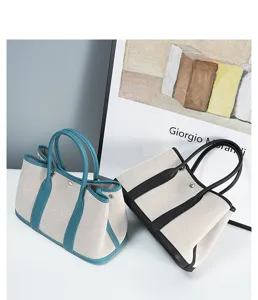 Canvas leather tote bag detail view, casual commute handbag large capacity fashion minimalist style