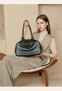 Classic black leather boston handbag, large capacity top handle tote for women daily work.
