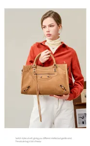 Women suede motorcycle handbag stylish top handle shoulder bag classic vintage brown tote