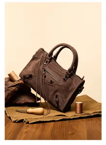 Women brown suede motorcycle handbag fashion simple top handle shoulder bag vintage style