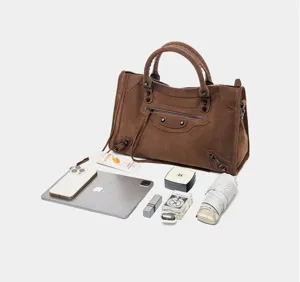 Brown suede motorcycle handbag for women, stylish vintage shoulder bag with large capacity.