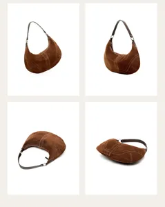 Borsa a spalla hobo in camoscio marrone da donna, elegante borsa a mezzaluna con cuciture.