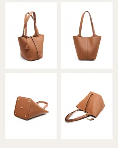 Leather bucket bag brown shoulder handbag casual commute large capacity chic tote