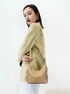 Women genuine leather crossbody hobo tote bag, solid color soft cowhide casual commuter handbag.