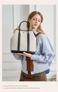 Canvas leather tote handbag, large capacity casual shoulder bag for women daily commute.