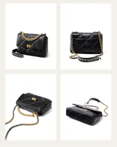 Schwarze gesteppte Ketten Umhaengetasche fuer Damen, edle Designer Schultertasche mit Metall.