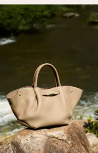 Genuine leather commuter shoulder bag detail view, elegant taupe handbag for women daily work office