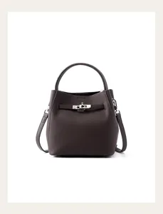 Elegant dark brown leather bucket bag with metal lock closure and strap. Perfect for daily commute.
