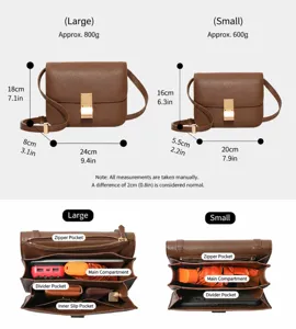 Women leather vintage box shoulder bag size chart showing dimensions and interior compartments.