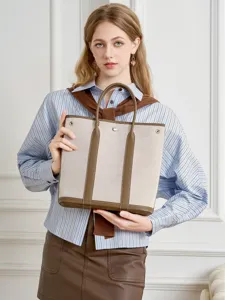 Women Genuine Leather Canvas Tote Bag Large Capacity Handbag Casual Top Handle Shoulder Bag Urban Minimalist Bag