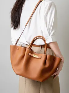 Women's genuine leather brown shoulder bag, large capacity commute tote handbag with top handles.