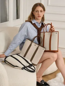 Vertical canvas tote bag large capacity casual leather trim shoulder handbag for women