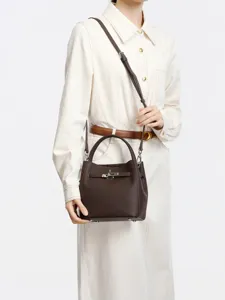 Brown genuine leather bucket bag women top handle crossbody bag stylish commuter handbag
