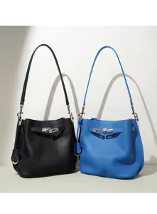 Stylish genuine leather litchi pattern bucket bag for women, pure color shoulder bag