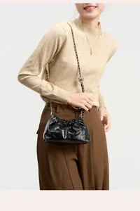 Borsa a Tracolla Donna a Catena Nera in Pelle Stropicciata Borsa Casual Elegante