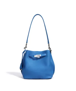 Blue litchi grain leather shoulder bucket bag with stylish metal turn lock closure design.