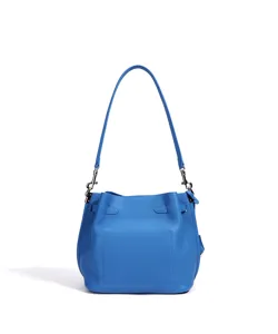Blue leather bucket bag detail, pebbled texture, single shoulder strap and metal hardware hooks.