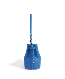 Blue leather bucket bag for women, stylish solid color litchi pattern casual shoulder bag.