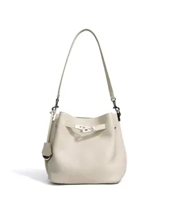 Elegant leather bucket bag for women, chic single shoulder crossbody purse with stylish lock detail.