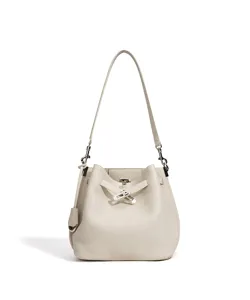 Elegant pebbled leather bucket bag with stylish metal lock closure for daily wear.