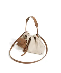 Canvas drawstring cloud bag with brown leather strap, stylish women crossbody shoulder bag.