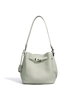 Detailed view of the pebble leather bucket bag, featuring metal turn-lock closure and strap.