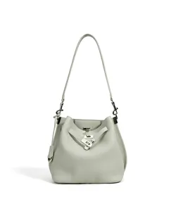Detailed view of grey leather bucket bag hardware, fine stitching and textured surface.