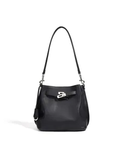 Elegant black pebbled leather shoulder bucket bag featuring metallic lock closure.