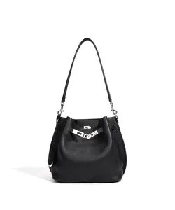 Black genuine leather bucket bag with classic metal turn-lock closure and shoulder strap.