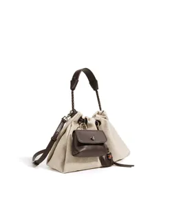 Canvas drawstring shoulder bag with dark brown leather handle and cute front mini pouch detail.