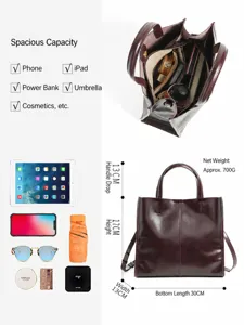 Genuine leather tote bag for women, large capacity shoulder handbag, commuter brown purse.