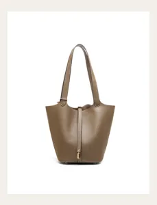 Leather bucket shoulder bag for women, premium genuine leather daily commute handbag.