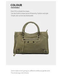 Olive green suede motorcycle handbag for women, stylish vintage shoulder bag with metal studs.