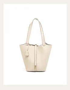 Genuine leather bucket bag, chic minimalist top handle handbag for women daily commute style.