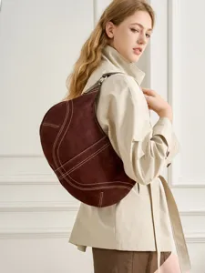 Borsa a tracolla mezza luna in camoscio marrone scuro da donna, elegante borsa hobo da lavoro.