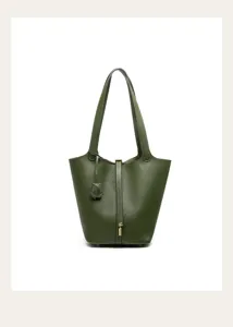 Dark green genuine leather bucket bag for women, stylish large commuting shoulder bag.